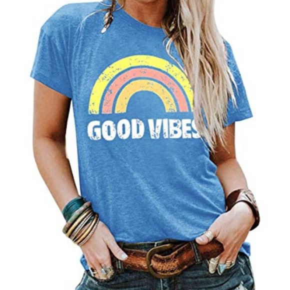 Yexipo Tops - Yexipo small women's good vibes with rainbow graphic tee shirt